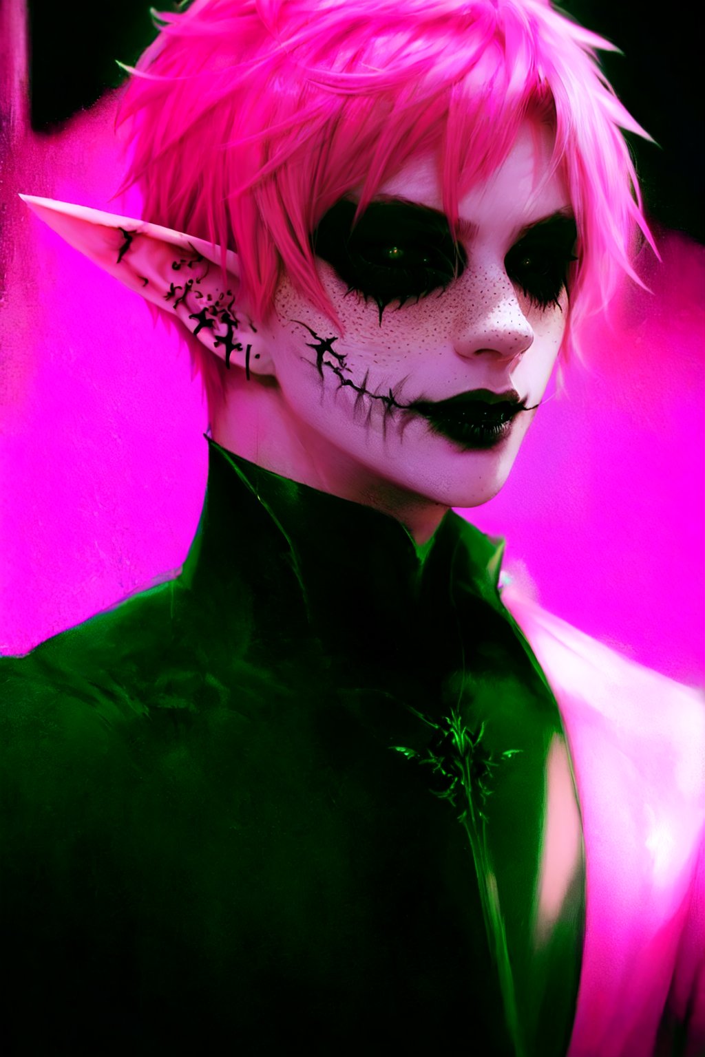  1 man, male face , short pink hair, twink body, freckles face , kawaii ,perfect light , elf ear,fantasy clothing,wrenchftmfshn,Completely_black_eyes,dark_sclera,empty eyes,black sclera ,glasglow_smile,cut_cheks