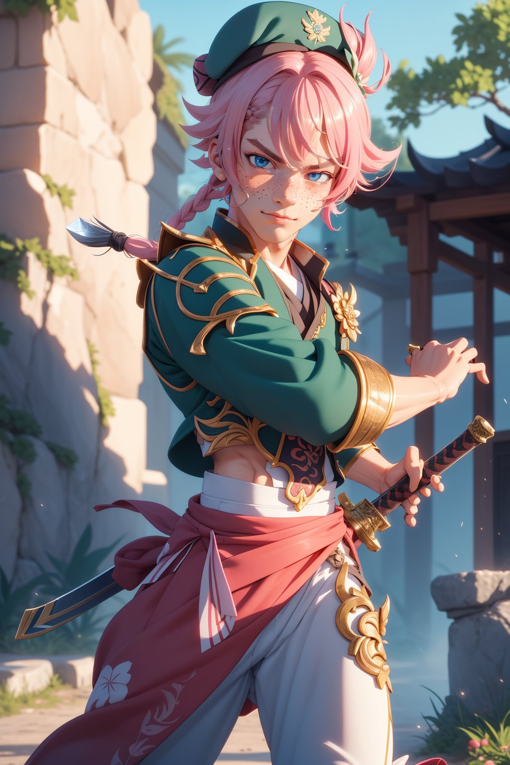  1 man, male face , braid pink hair, perfect male body posing with swords in hand, freckles face  , blue eyes  , kawaii ,ventidef, beret,venti (genshin impact),battoujutsu,dwarfoil,3d animation,ancient dragon