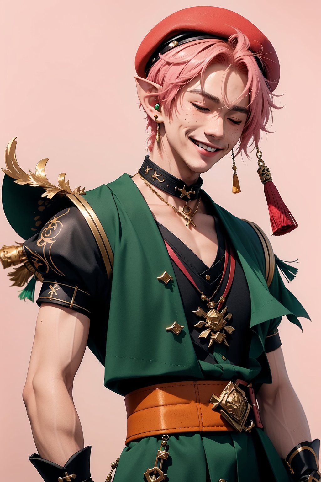 1 man, twink body, closed eyes,short pink hair, freckles face,   , kawaii  , elf ear ,A Asian man  , adorned with a sexy choker,wrenchftmfshn,fantasy clothing , ventidef, beret,venti (genshin impact) , harness,glasglow_smile,cut_cheks