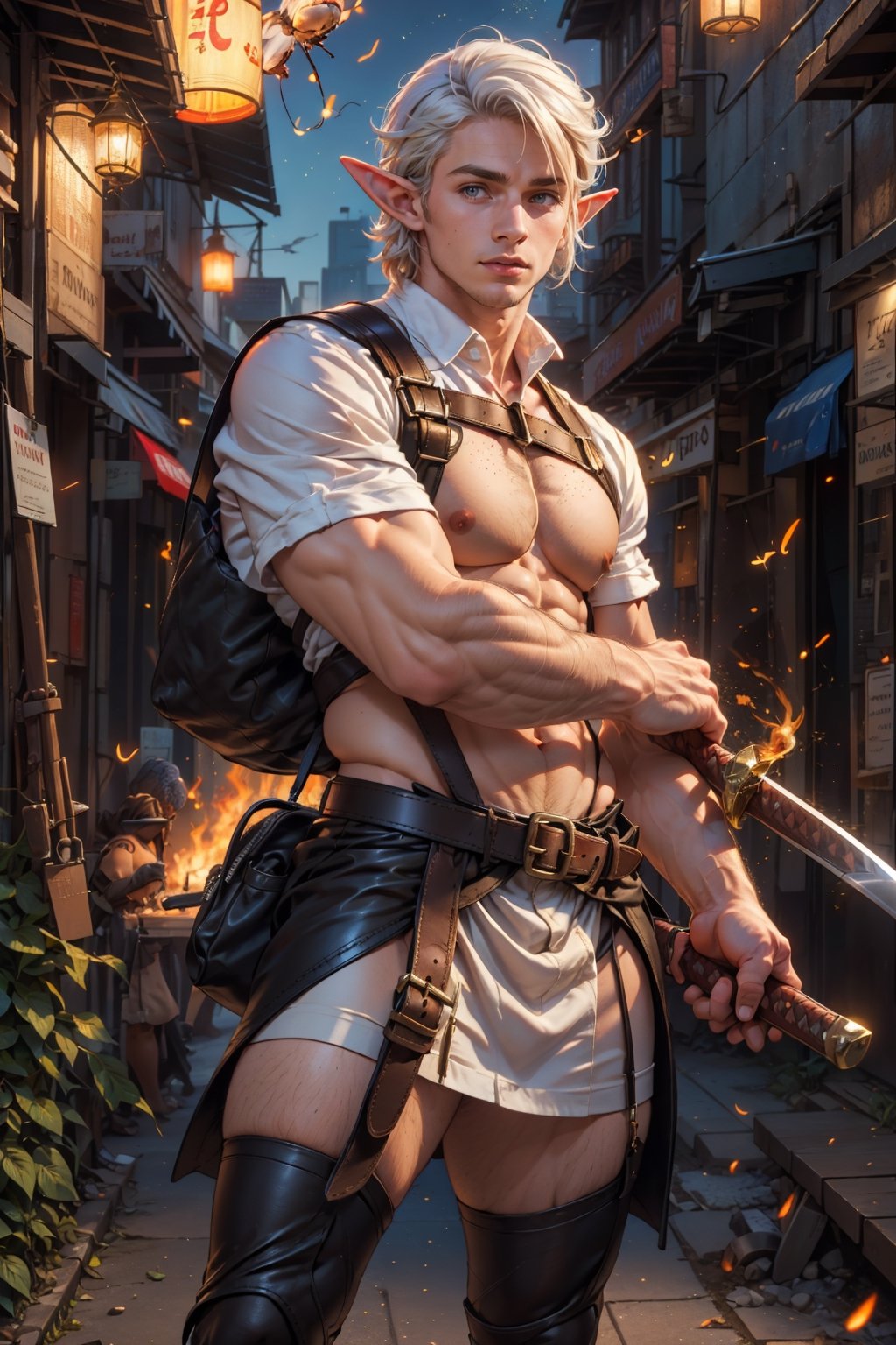  1 man, male face ,  freckles ,at night in the city  ,blue eyes , white hair  , no shirt, male chest ,wearing leather bag on side, wearing white skirt, harness, stockings BREAK,firefliesfireflies,elf ears,battoujutsu