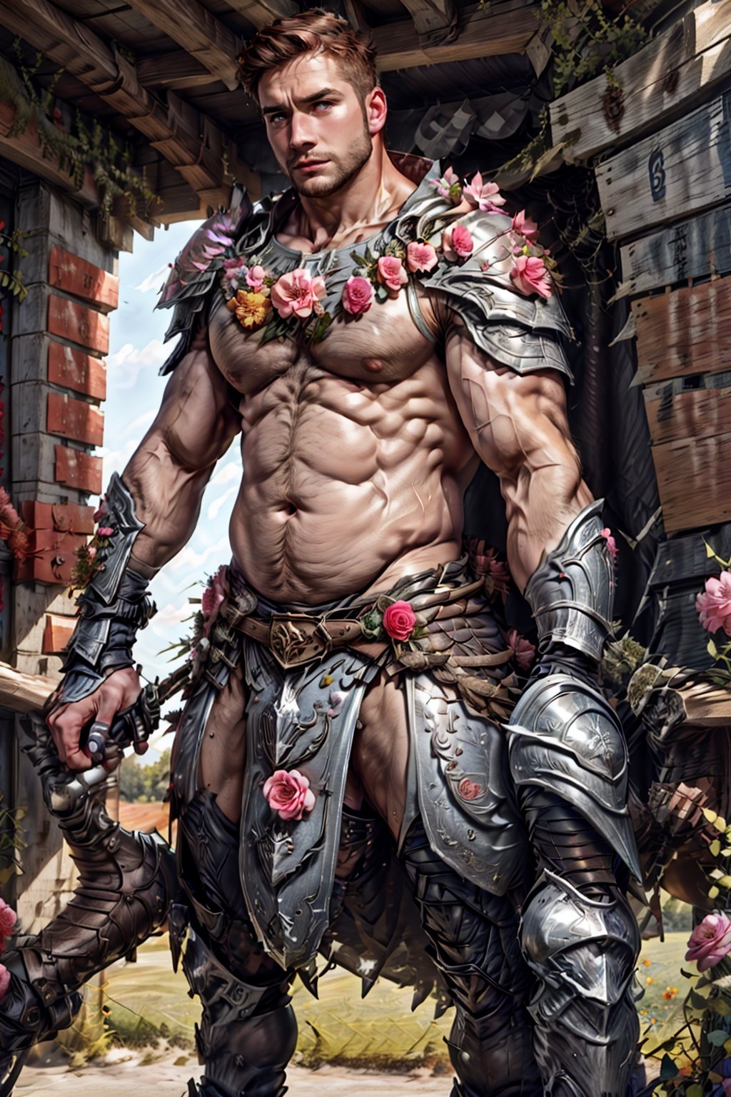 full armor, wearing armor, armor, 1man, pink bedroom background, wearing mini white skirt, slender boy , shy face  , dark hair , cute face , brown eyes, man body, sweaty body , sexy face, pink florest backwards , Greek skirt , full male body, male  ,flower4rmor,thicc , well done details, full of details , ,battoujutsu , ,b33rb3lly