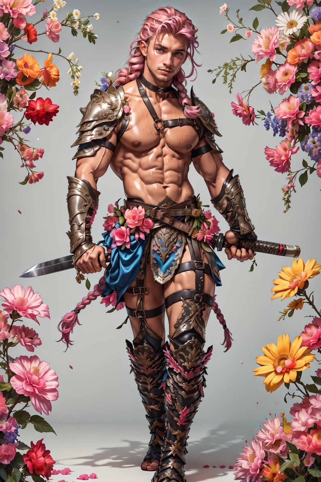 wearing armor, armor,1 man,  asian man, braid long pink hair man , full body , blue eyes, man body, sweaty body , sexy face, pink   , wearing skirt, harness, stockings BREAK  , male chest  , sexy choker  ,battoujutsu,flower4rmor ,
