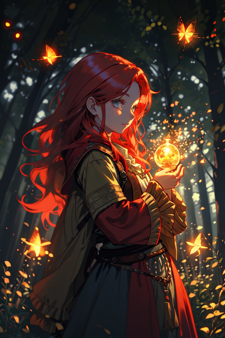 a gypsy woman, long red hair, in a forest at night, fireflies illuminate the night creating magical flashes, high quality, high resolution, high precision, realism, color correction, appropriate lighting settings, harmonious composition, old gypsy clothing