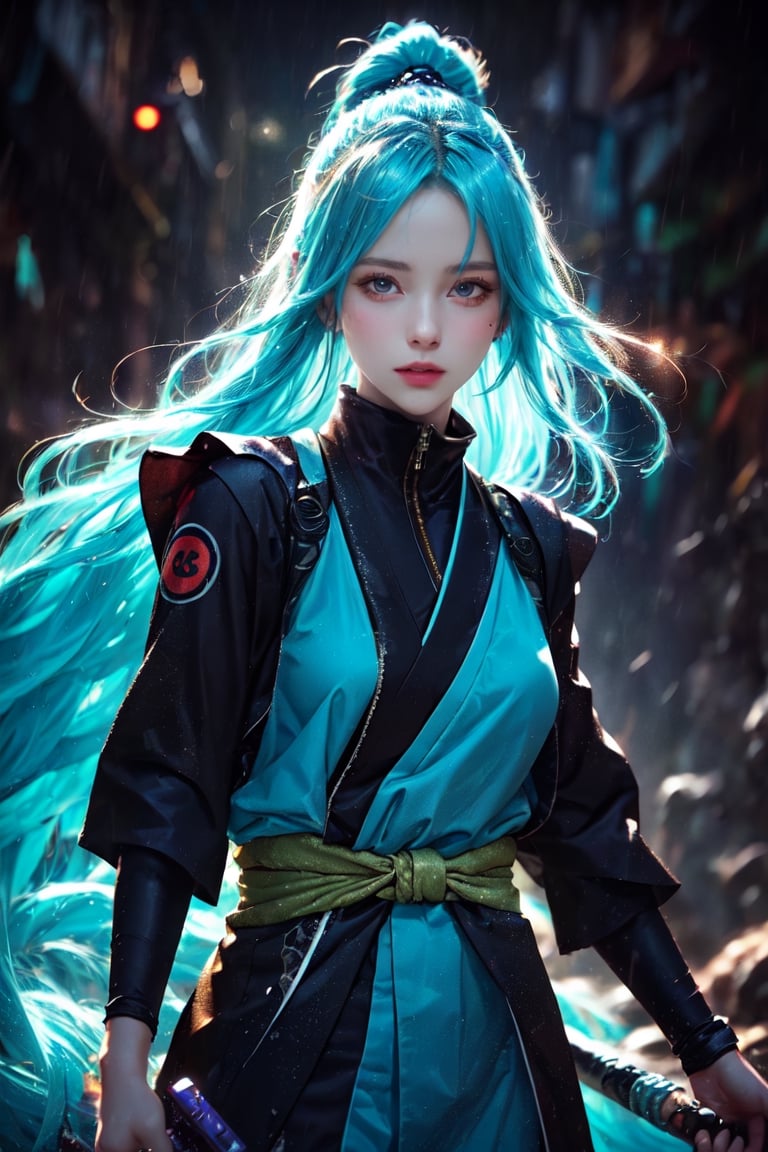 a Japanese ninja aqua-spirit--girl, long cyan hair, high quality, high resolution, high precision, realism, color correction, proper lighting settings, harmonious composition.