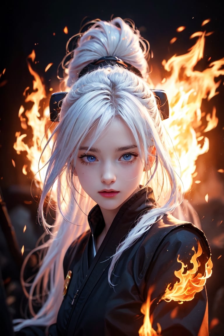 a Japanese ninja girl, long white fire hair, high quality, high resolution, high precision, realism, color correction, proper lighting settings, harmonious composition