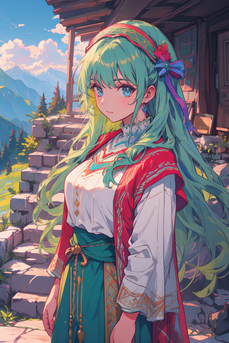 a gipsy girl, long green hair,  in a mountain, high quality, high resolution, high precision, realism, color correction, proper lighting settings, harmonious composition, girl, ancient gipsy clothes