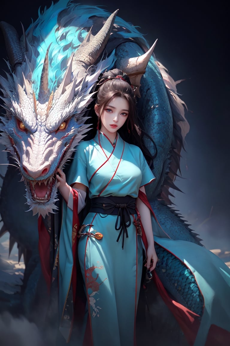 a Japanese ninja girl, with a dragon, long cyan hair, high quality, high resolution, high precision, realism, color correction, proper lighting settings, harmonious composition.,chinese dress