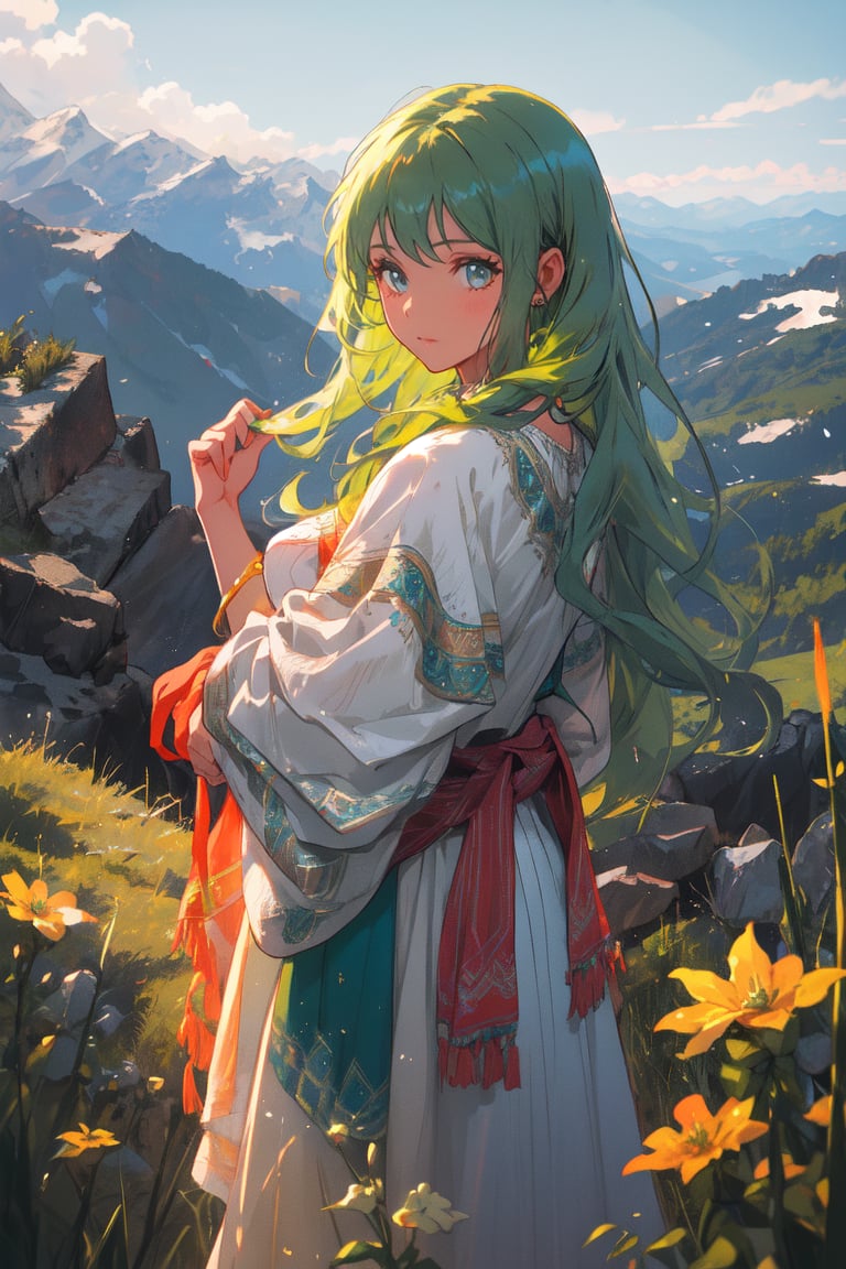 a gipsy girl, long green hair,  in a mountain, high quality, high resolution, high precision, realism, color correction, proper lighting settings, harmonious composition, girl, ancient gipsy clothes