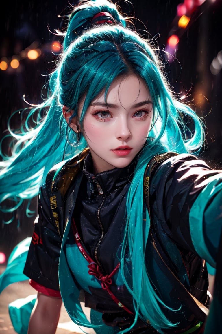 a Japanese ninja warrior girl, long cyan hair, ready to attack, high quality, high resolution, high precision, realism, color correction, proper lighting settings, harmonious composition.