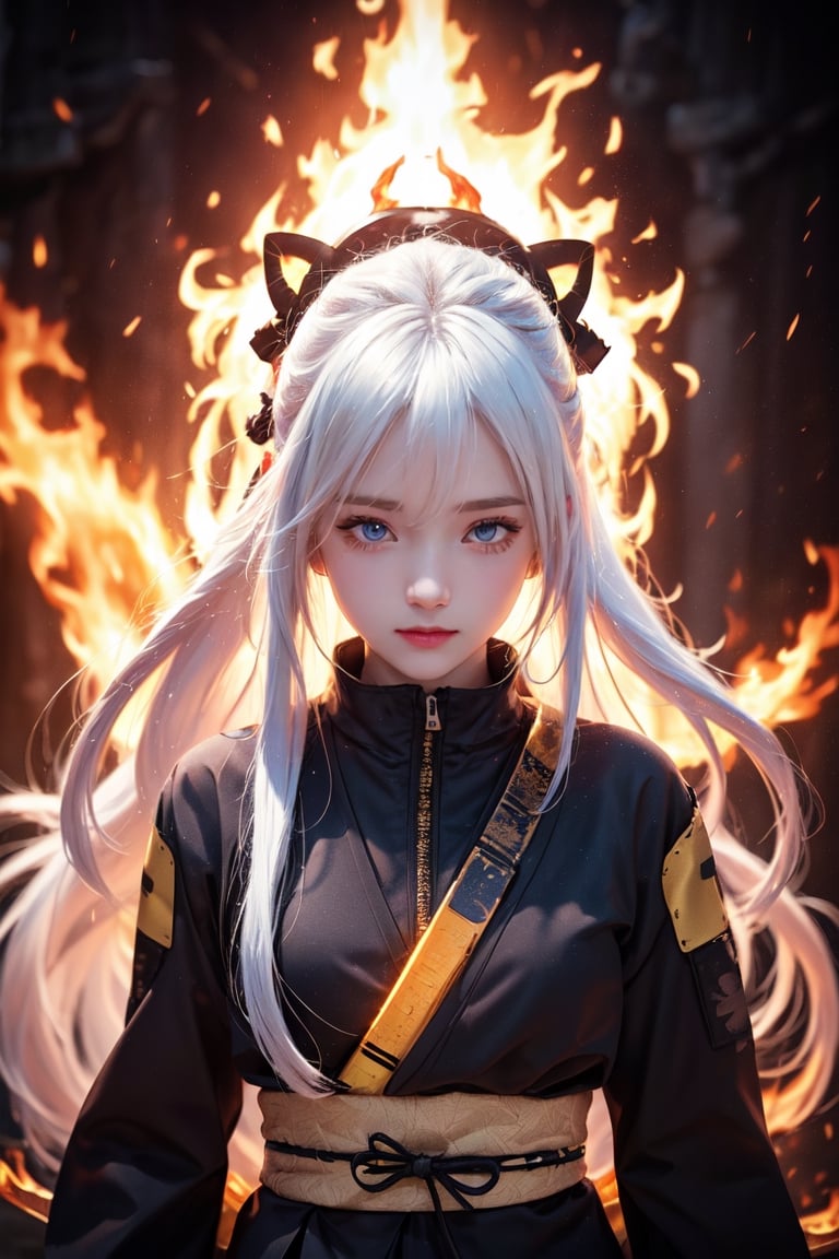 a Japanese ninja girl, long white fire hair, high quality, high resolution, high precision, realism, color correction, proper lighting settings, harmonious composition