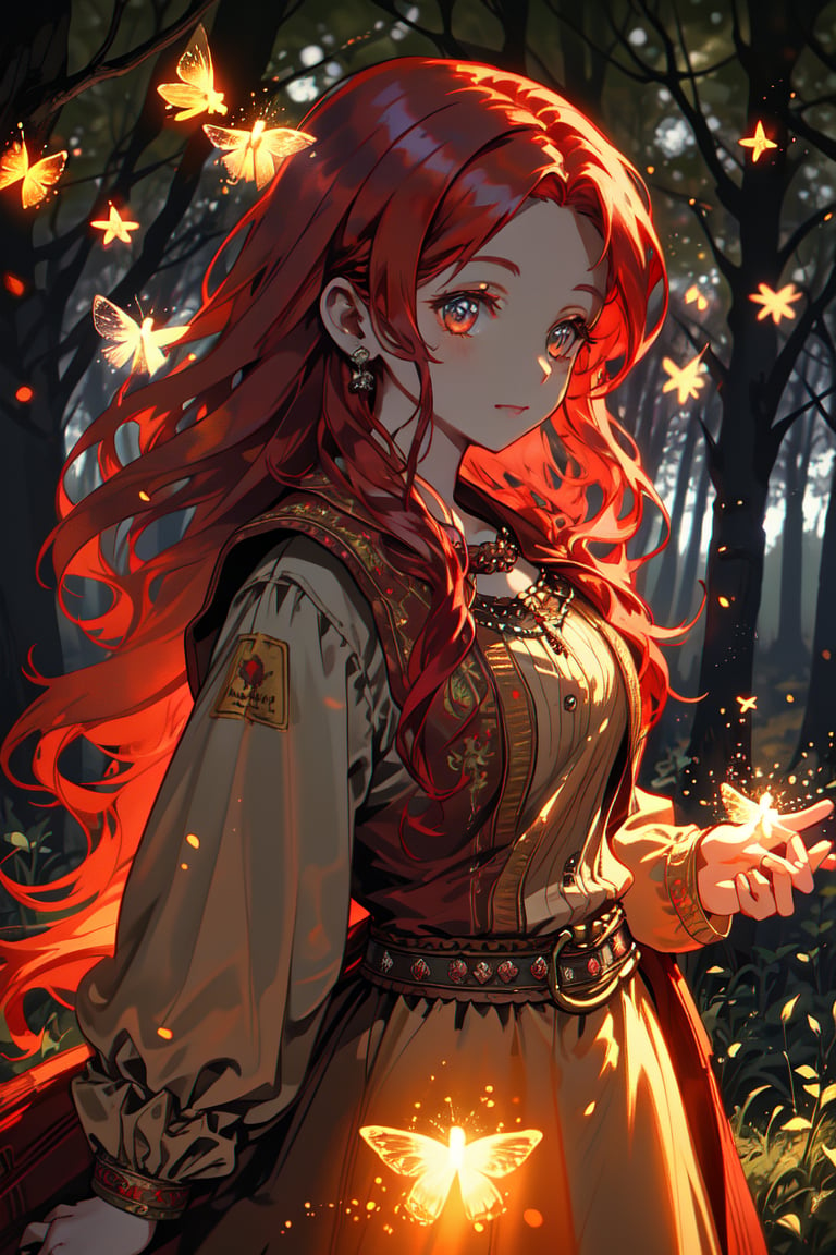 a gypsy woman, long red hair, in a forest at night, fireflies illuminate the night creating magical flashes, high quality, high resolution, high precision, realism, color correction, appropriate lighting settings, harmonious composition, old gypsy clothing