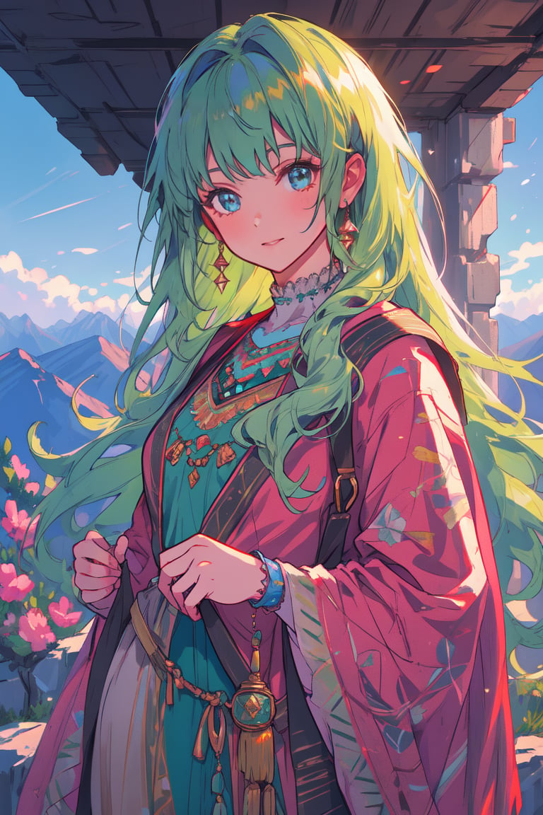 a gipsy girl, long green hair,  in a mountain, high quality, high resolution, high precision, realism, color correction, proper lighting settings, harmonious composition, girl, ancient gipsy clothes