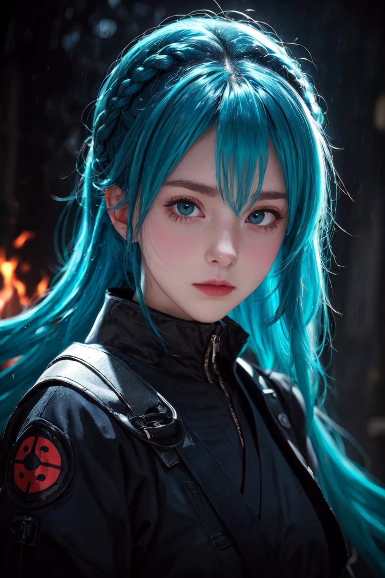 a Japanese ninja girl, long cyan fire hair, high quality, high resolution, high precision, realism, color correction, proper lighting settings, harmonious composition