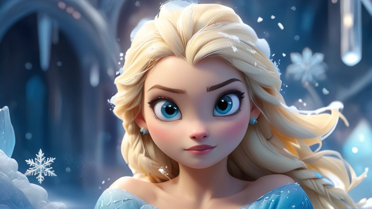 In Frozen, Elsa, in a small-scale character scene, is depicted as follows: Character: Elsa, Age: 21, Head: Oval-shaped, Hair: Platinum blonde, Eyes: Icy blue, Ears: Small and rounded, Nose: Straight and delicate, Skin tone: Fair, Attire: Elegant ice-blue gown with crystal accents, Gender: Female, Build: Slender, Hands: Graceful, Feet: Barefoot, Scene: A serene ice palace interior, Setting: Majestic ice sculptures, Props: Delicate snowflakes floating around her, Action: Conjuring delicate ice patterns with her hands, Atmosphere: Ethereal, Lighting: Soft blue hues, Weather: Snow gently falling, Environment: Magical and tranquil.

Camera: Close-up, Tilt-shift technique.