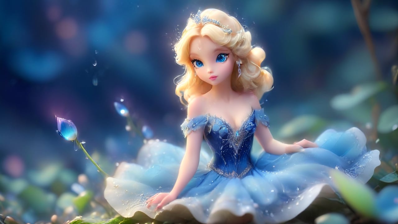 a magical forest, a miniature young woman with cascading blond curls is captured in a tilt-shift macro shot. Standing full-length at the center of a delicate dewdrop on a flower petal, wearing a shimmering sapphire-blue gown adorned with silver embroidery and tiny, sparkling crystals. The gown has a sweetheart neckline, intricate lace patterns on the bodice and sleeves, and a flowing skirt pooling gracefully around tiny feet. Delicate hands, with finely detailed fingers, hold a glowing lotus emitting a soft blue light. Fair skin glows with a subtle golden hue, and striking deep blue eyes reflect the light. A tiny crystal tiara rests upon her head, catching the light. Feet clad in silver slippers adorned with minute crystal details, complementing the ethereal appearance. The blurred background features oversized, dew-covered flowers and vibrant butterflies, highlighting the magical microcosm.