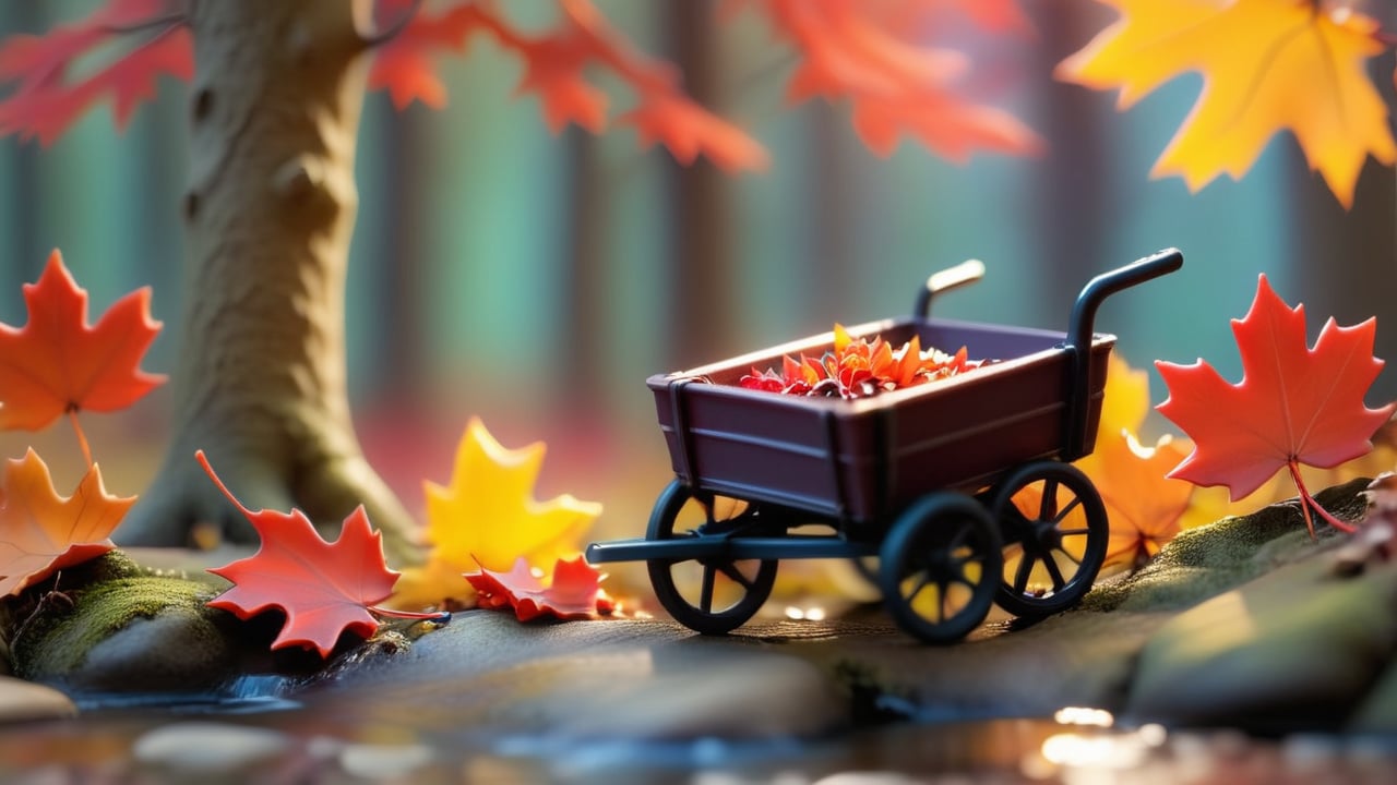 Macro tilt-shift photography, A miniature, A serene late autumn evening scene with a parked cart beside a vibrant maple forest. The leaves are a deep red, glowing brighter than flowers in spring. The setting sun casts a warm, golden light, reflecting off the calm waters of a nearby stream. Super high quality, 8k. Negative prompt: blur, unclear, modern.