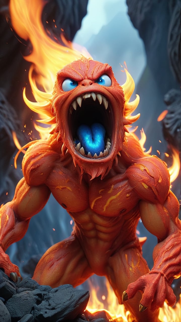 **Flame Demon**
   - **Description**: Engulfed in roaring flames with eyes burning blue, it leaps and spews fire at the edge of a desolate volcano surrounded by scorching lava and charred rocks, its fingers like heated iron rods.
   - **Art Prompt**: roaring flames, blue eyes, leaping, desolate volcano, scorching lava, charred rocks, fiery

,Personification