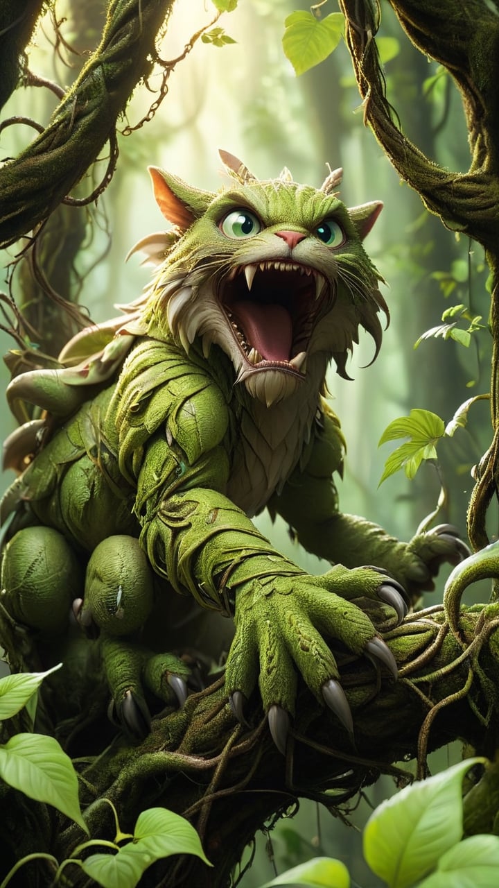 Wrapped in thick vines with claws like giant talons and eyes glowing green, it swiftly climbs through the dense jungle where towering trees reach the sky and the ground is covered in thick leaves, extending its vines in all directions.
   - **Art Prompt**: thick vines, giant talons, glowing green eyes, dense jungle, towering trees, swift, overgrown



whole body
,Personification