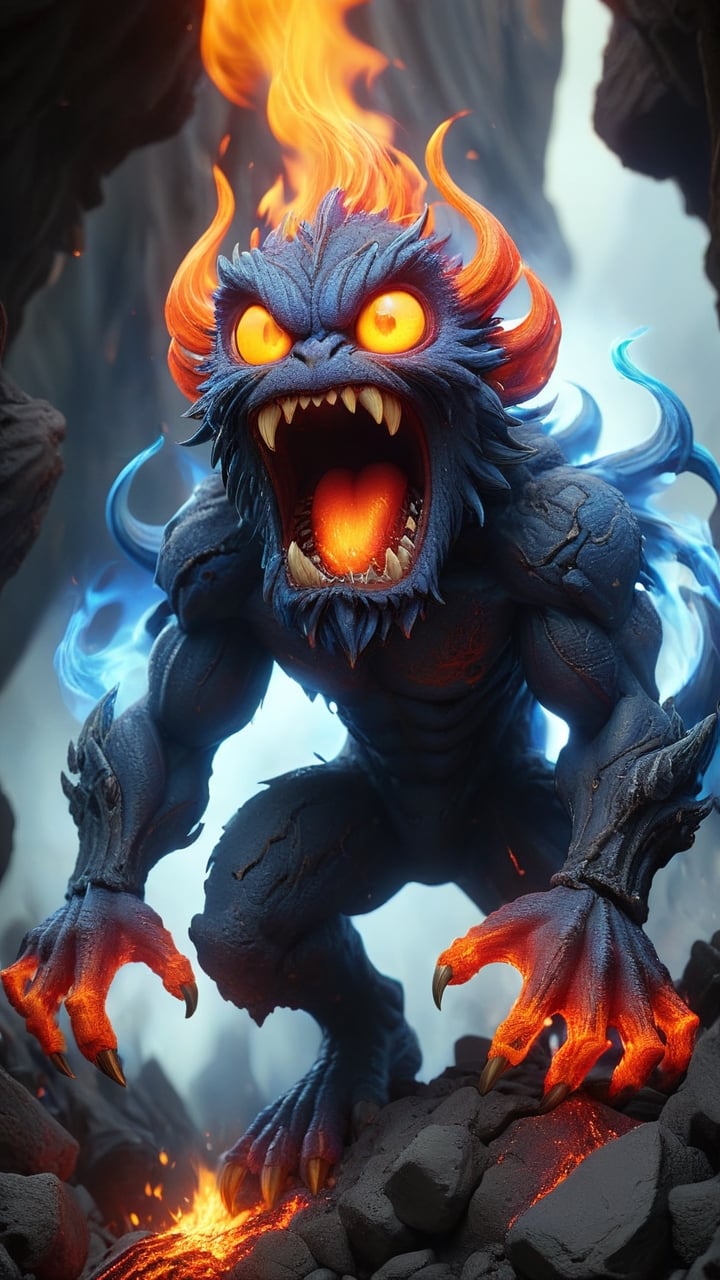 **Flame Demon**
   - **Description**: Engulfed in roaring flames with eyes burning blue, it leaps and spews fire at the edge of a desolate volcano surrounded by scorching lava and charred rocks, its fingers like heated iron rods.
   - **Art Prompt**: roaring flames, blue eyes, leaping, desolate volcano, scorching lava, charred rocks, fiery

,Personification