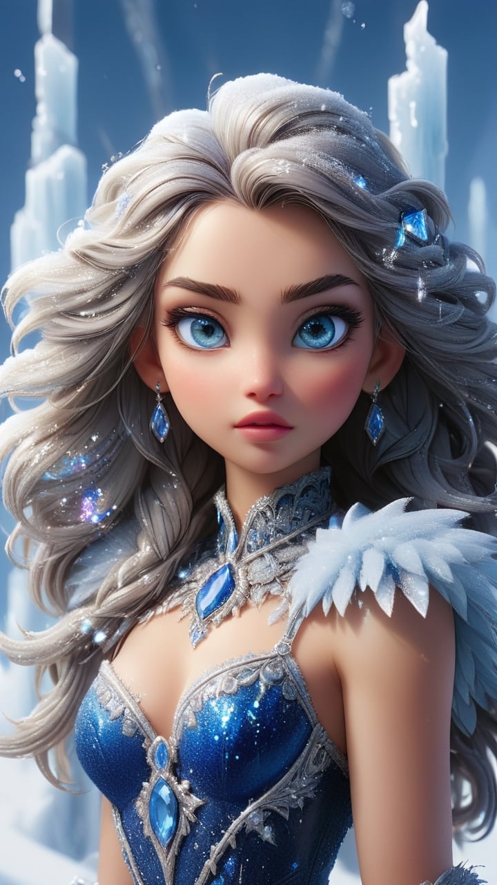 Composed of transparent ice crystals with hair that glitters like ice, and deep sapphire-like eyes, it gracefully glides across a snowy plain covered in thick snow and sparkling ice pillars, leaving a silver trail behind.
   - **Art Prompt**: transparent ice, glittering, sapphire eyes, snowy plain, ice pillars, graceful, frosty


,Personification