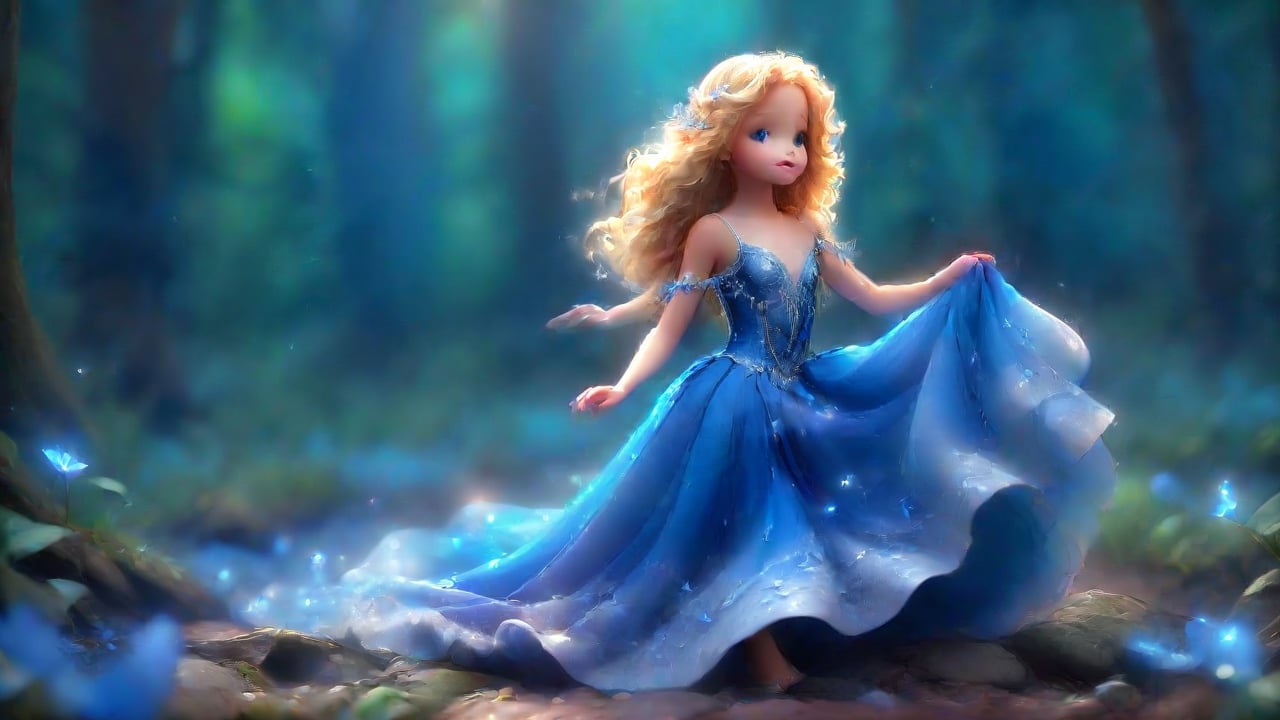 /create prompt:In a magical forest, a 12-year-old girl with cascading blond curls stands. She wears a shimmering sapphire-blue gown adorned with silver embroidery and tiny, sparkling crystals, her hands gracefully holding a glowing lotus emitting a soft blue light. As she moves, her flowing skirt pools around her feet, and she dances lightly among oversized dew-covered flowers and vibrant butterflies that create a magical microcosm. -neg ordinary forest scene -camera zoom out -fps 24 -gs 16 -motion 1 -Consistency with the text: 22 -style: HD movies -ar 16:9
