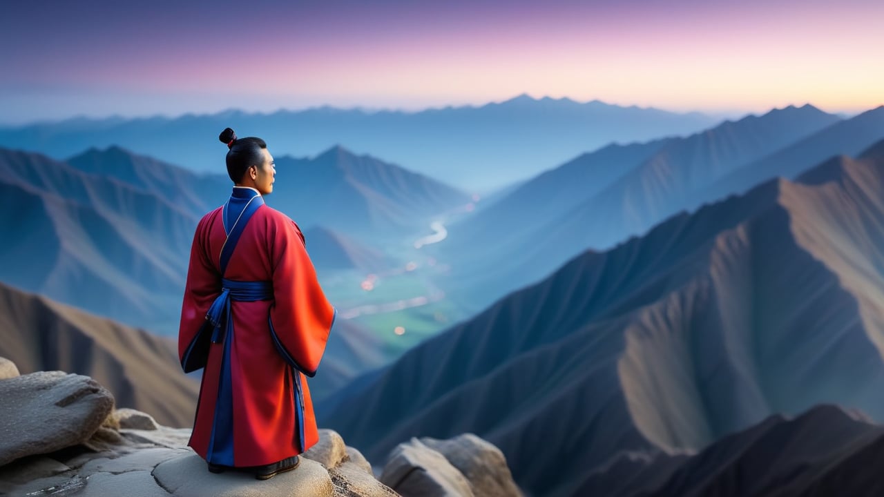 Macro tilt-shift photography, A miniature, A man in his mid-40s, dressed in traditional Chinese scholar robes, stands alone on a mountain peak, looking out over a vast landscape under a twilight sky. His expression is somber, with tears welling in his eyes. The scene captures the vastness of the heavens and the earth, highlighting the man's solitude and deep reflection. Super high quality, 8k. Negative prompt: blur, unclear, modern.