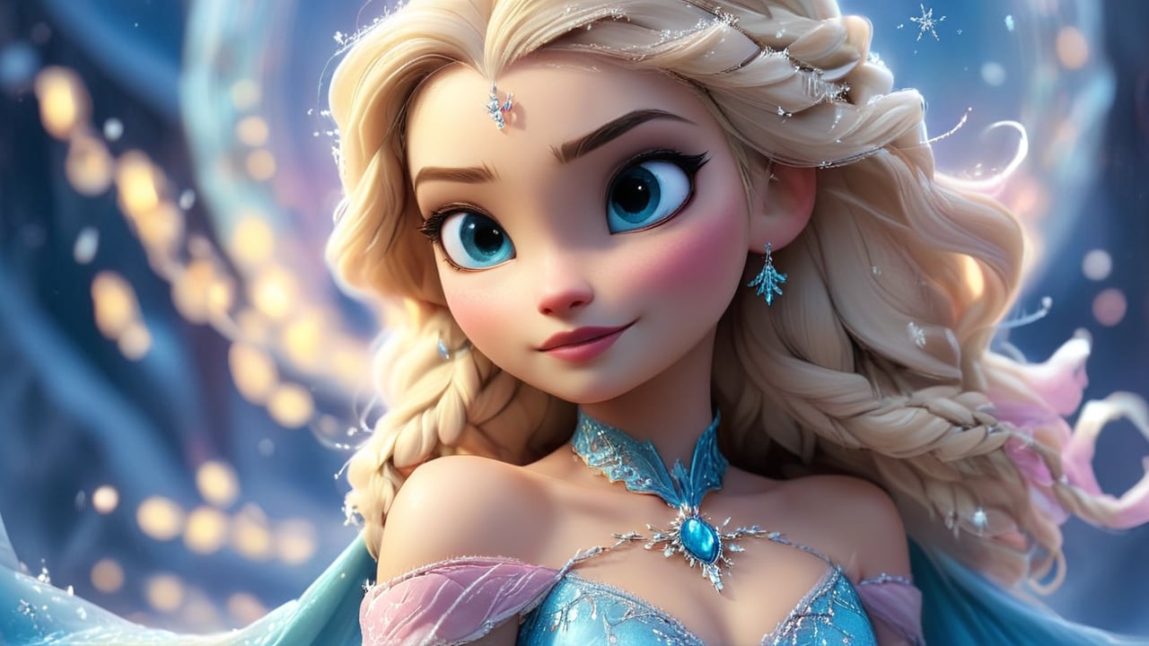 The picture shows the complete body from head to toe.

Elsa stands poised, her appearance exuding elegance and icy majesty. Her platinum blonde hair is styled in her iconic thick French braid, intricately woven and draped gracefully over her left shoulder. The braid glistens with tiny, sparkling snowflake ornaments, adding a whimsical touch that complements the frosty theme. A few loose, curled strands frame her face, enhancing her ethereal allure.

Her eyes, a brilliant ice-blue, are large and expressive, reflecting the shimmering light of the aurora. They convey a depth of emotion and a connection with her song, framed by long, dark lashes that accentuate her gaze. Elsa's neatly arched eyebrows add definition to her expressive face, highlighting her strong yet gentle nature.

Her face is a picture of delicate beauty, with a fair, smooth complexion that seems to glow under the aurora's soft illumination. Her small, refined nose fits harmoniously with her overall delicate facial features. Her lips, painted a soft natural pink, add warmth to her otherwise cool-toned appearance. They part slightly as she sings, revealing a hint of a smile that adds to her enchanting presence.

Elsa’s ears, delicately proportioned and mostly hidden by her braid, are adorned with small, elegant snowflake-shaped earrings encrusted with tiny, sparkling crystals. These earrings catch the light, adding a subtle, twinkling effect that enhances her magical aura. Around her neck, she wears a fine chain necklace with a single, small crystalline snowflake pendant, adding a touch of elegance and continuity to her icy ensemble.

Her gown is a masterpiece of design, flowing elegantly with every movement she makes. The ice-blue dress features a fitted bodice with a sheer overlay, adorned with intricate, swirling ice crystal patterns embroidered with shimmering thread. The gown’s material is delicate and lightweight, flowing effortlessly and creating a sense of ethereal fluidity. The sheer sleeves extend to her wrists, decorated with subtle ice crystal patterns that add an almost transparent, magical effect.

A long, flowing cape attached to her shoulders extends behind her, made of a diaphanous, iridescent fabric that catches the light of the aurora and glows with a spectrum of colors. The cape's gentle movement enhances her regal and magical aura as it billows gracefully in the frosty air.

Her waistline is gently cinched, emphasizing her elegant silhouette and highlighted by a delicate, icy belt that complements the overall frosty theme of her attire. The skirt of Elsa’s gown cascades from her waist, flowing elegantly and revealing intricate detailing as she dances. The front of the skirt is slightly shorter, allowing for dynamic movement and showcasing the gown’s exquisite craftsmanship.

Elsa’s hands are a testament to grace and magic, long and slender with neatly manicured nails painted a frosty, pearlescent shade. Her fingers, often seen weaving magical ice patterns as she performs, add to the captivating aura of her performance. She wears no gloves, allowing her magic to flow freely from her fingertips, creating intricate ice patterns in the air.

On her feet, Elsa wears delicate ice-blue shoes with a slight heel. These shoes are adorned with sparkling ice crystals, featuring a pointed toe that complements her elegant appearance. The heels click softly on the icy surface as she moves, adding a rhythmic element to her performance and completing her enchanting ensemble.

In this moment, Elsa embodies the essence of the Ice Queen. Her appearance is radiant and magical, with her gown and accessories sparkling under the light of the aurora, creating a mesmerizing effect. Her movements are fluid and graceful, her gown and hair swaying with each step, enhancing the magical atmosphere of her song and dance. The interplay of light on her attire and the gentle flow of her cape make her performance a captivating and enchanting spectacle.