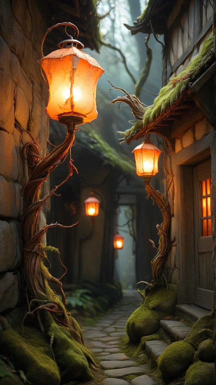 **Lantern Ghost**
   - **Description**: With an ancient paper lantern head housing a flame sprite, its body is made of withered branches; it sways in a narrow, ancient alley, casting an orange glow on the moss-covered cobblestone and crumbling stone walls, gently drifting.
   - **Art Prompt**: ancient, paper lantern, flame sprite, withered branches, narrow alley, orange glow, eerie