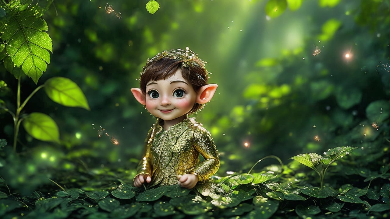 Macro photography scene. A tiny elf with delicate features, approximately 10 years old, stands in an enchanted forest during the morning. She wears a shimmering green dress adorned with intricate gold embroidery and tiny leaf-shaped accessories. Her long, flowing hair is a deep auburn, cascading down her back. The forest is alive with magical elements: glowing mushrooms, sparkling dewdrops on spider webs, and tiny fireflies. The elf's expression is serene, with a slight smile as she gazes around protectively. The camera captures her from a long shot, using macro and tilt-shift photography to highlight the delicate details of the scene. Super high quality, 8k.,hands,better_hands,dragon,Masterpiece