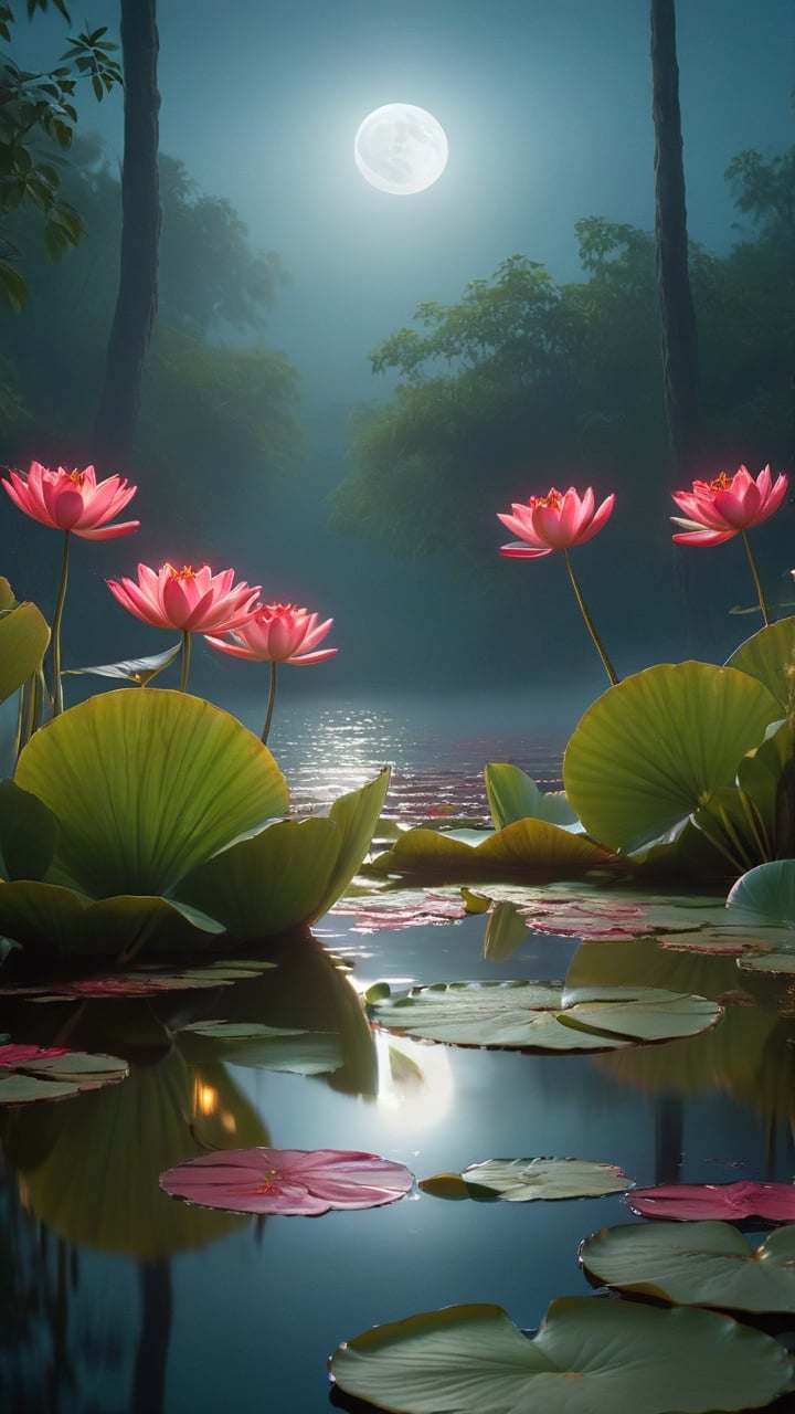 Shrouded in dense mist with eyes glowing like rubies, it floats slowly by the tranquil lakeside, where lily pads drift and the moonlight reflects on the water, its hands barely visible as the mist flows around.