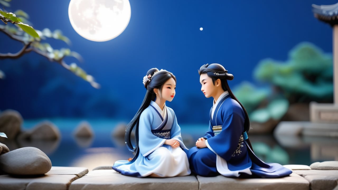 Macro tilt-shift photography, A miniature, The young couple sitting together on a stone bench in an ancient Chinese garden, with the moon reflecting in a nearby pond. Both still wear their deep blue hanfu with silver embroidery. The young woman rests her head on the young man’s shoulder, and they both gaze at the moonlit pond, lost in their thoughts. The garden is quiet, with the sounds of the wind and distant water adding to the serene atmosphere. Captured in intricate detail through macro photography.