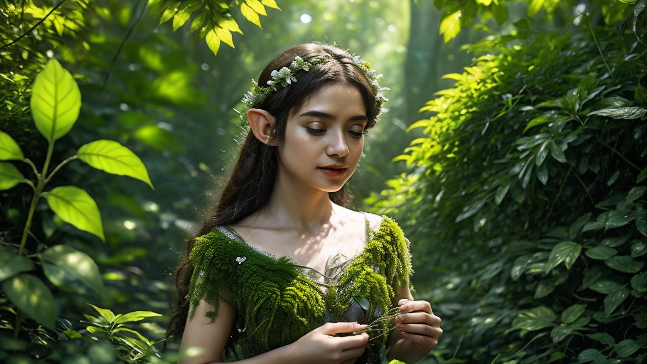 Macro photography scene. A tiny elf with delicate features, standing in a lush, enchanted forest with morning sunlight filtering through the dense canopy. Her long, silver hair flows down her back, adorned with small flowers. She wears a dress made of green leaves and soft moss, blending seamlessly with her surroundings. In her hands, she holds a glowing crystal, casting a soft light around her. The forest is teeming with life—small animals scurry, and birds chirp melodiously in the background. captured in intricate detail through macro photography. super high quality, 8k.