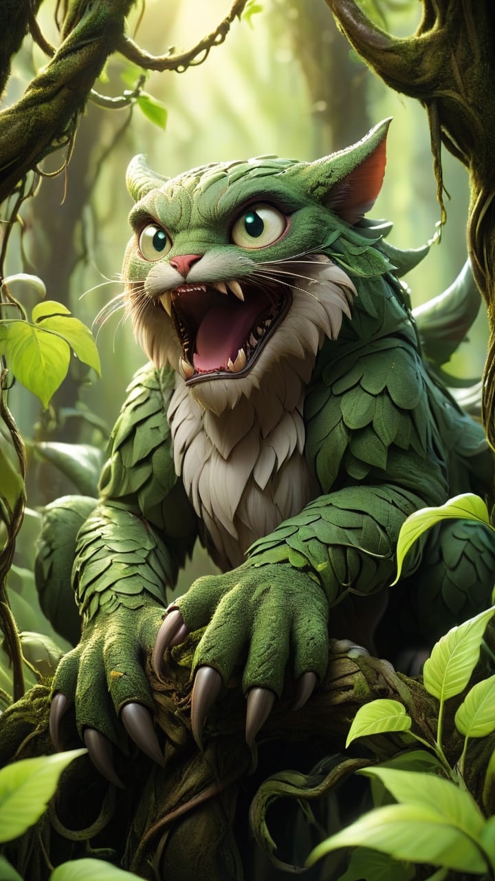 Wrapped in thick vines with claws like giant talons and eyes glowing green, it swiftly climbs through the dense jungle where towering trees reach the sky and the ground is covered in thick leaves, extending its vines in all directions.
   - **Art Prompt**: thick vines, giant talons, glowing green eyes, dense jungle, towering trees, swift, overgrown



whole body
,Personification
