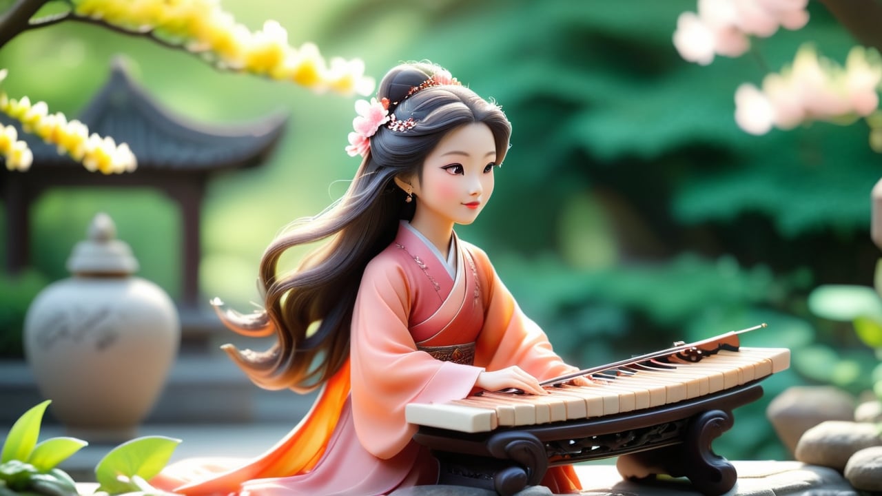 /create prompt: Macro tilt-shift photography, A miniature, An ancient Chinese woman in a flowing peach-red dress with long, flowing hair sits on a stone bench in a palace garden, gently playing the guzheng. Her expression is focused and gentle. The garden is filled with blooming flowers and lush green trees, with a grand palace in the background. Morning sunlight filters through the leaves, softly illuminating her. captured in intricate detail through macro photography. super high quality, 8k, negative prompt: blur, unclear, modern elements. -camera rotate clockwise -fps 24 -gs 16 -motion 2 -style: HD movie -ar 16:9 seed:1234567899
