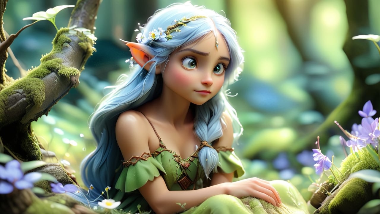 Macro photography scene, depicting a serene woodland bathed in gentle sunlight. The camera slowly zooms out, capturing the enchanting scene of a young elf maiden. Her delicate features are highlighted by the soft glow filtering through the leaves above. She stands gracefully amidst a carpet of wildflowers, her expression serene as she gazes into the distance. Her attire, adorned with intricate embroidery depicting forest motifs, shimmers subtly under the dappled light. The camera rotates clockwise, revealing another elf, an elderly sage seated on a moss-covered rock nearby. His weathered face reflects wisdom earned over centuries, his hands gently cradling an ancient tome bound in worn leather. His attire, simple yet dignified, blends harmoniously with the natural surroundings, capturing in intricate detail through macro photography.