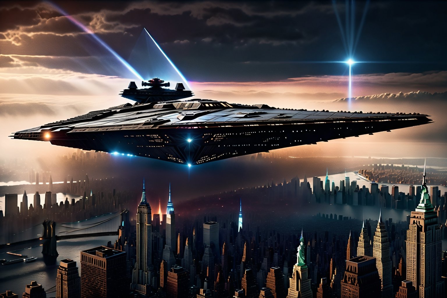 a massive stardestroyer moving above Manhattan New York, (((centered image, hyper realistic, midnight aura, ominous, dark moody lighting, shadows, smooth, ultra high definition, 8k, ultra sharp focus, intricate artwork, matte painting))),SD 1.5