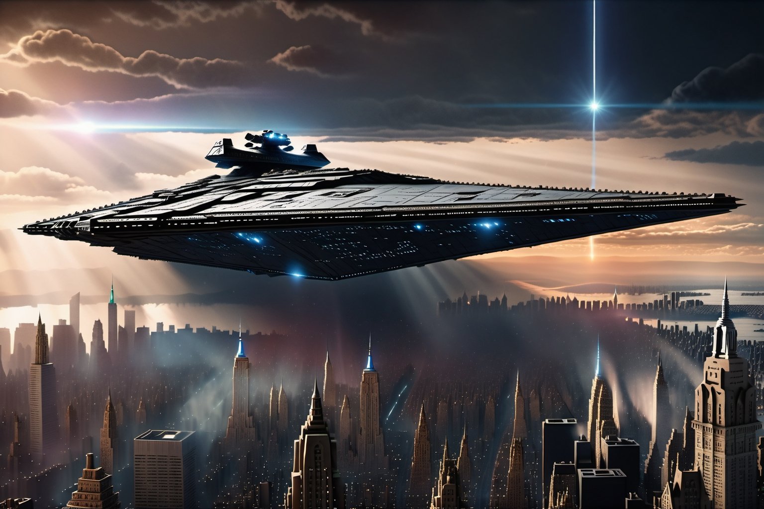 a massive stardestroyer moving above Manhattan New York, (((centered image, hyper realistic, midnight aura, ominous, dark moody lighting, shadows, smooth, ultra high definition, 8k, ultra sharp focus, intricate artwork, matte painting))),