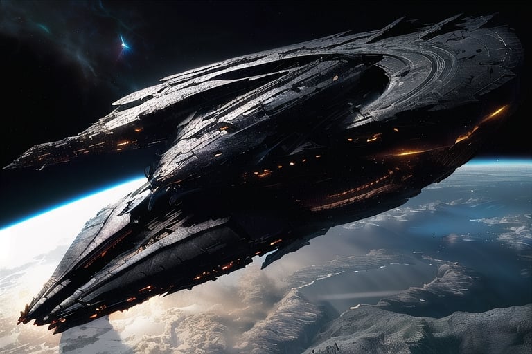 a starship moving through deep space, (((centered image, hyper realistic, midnight aura, ominous, dark moody lighting, dreamy, glowing, glamour, glimmer, shadows, smooth, ultra high definition, 8k, ultra sharp focus, intricate artwork, matte painting)))