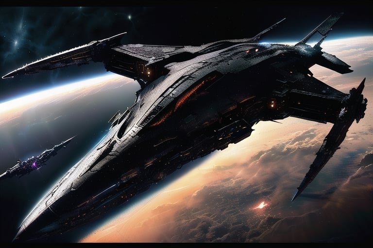 a starship moving through deep space, (((centered image, hyper realistic, midnight aura, ominous, dark moody lighting, dreamy, glowing, glamour, glimmer, shadows, smooth, ultra high definition, 8k, ultra sharp focus, intricate artwork, matte painting)))