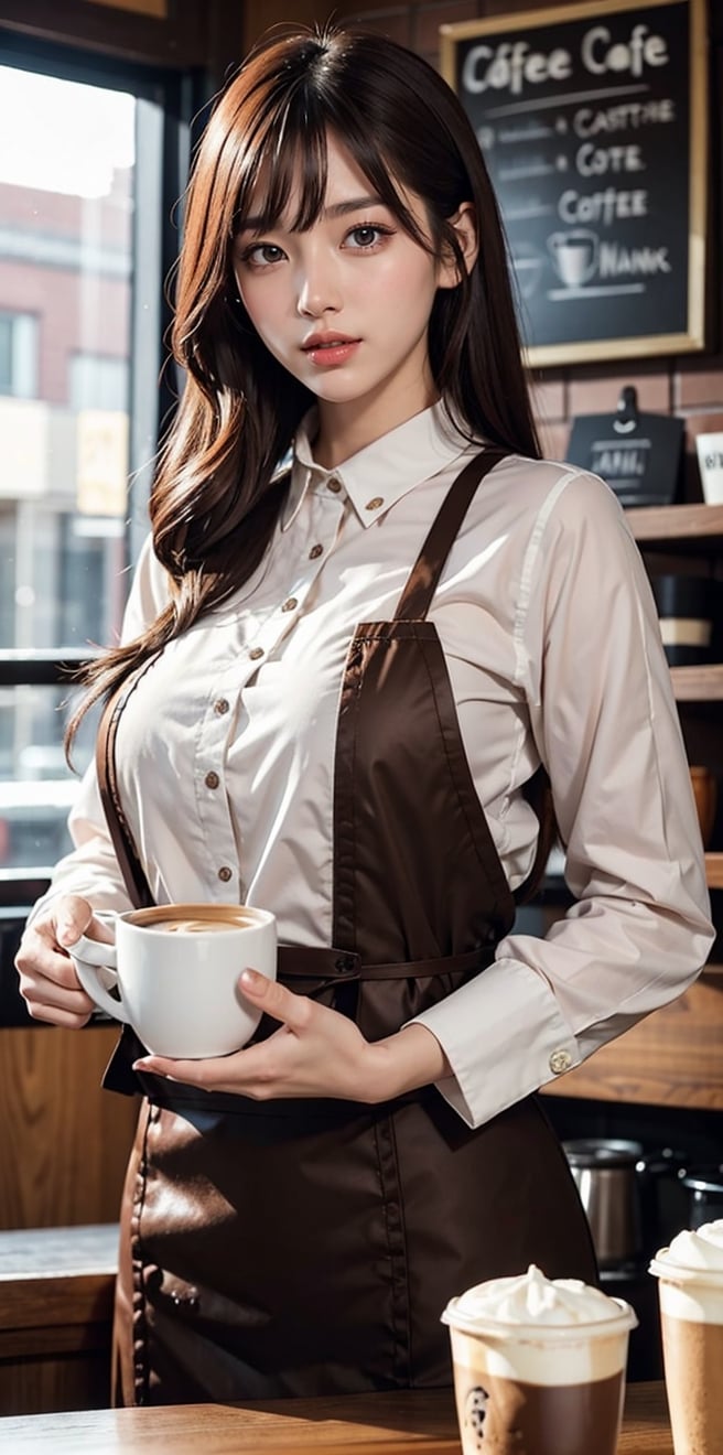 (masterpiece, top quality, best quality, official art, beautiful and aesthetic:1.2), hdr, high contrast, wideshot, 1girl, long black straight hair with bangs, clearly brown eyes, longfade eyebrow, soft make up, ombre lips, large breast, hourglass body, finger detailed, BREAK wearing barista suit, (coffee shop theme:1.5), light smile, coffee shop background detailed, by KZY, BREAK frosty, ambient lighting, extreme detailed, cinematic shot, realistic ilustration, (soothing tones:1.3), (hyperdetailed:1.2),(straight_front_pose:0.8),looking_at_viewer