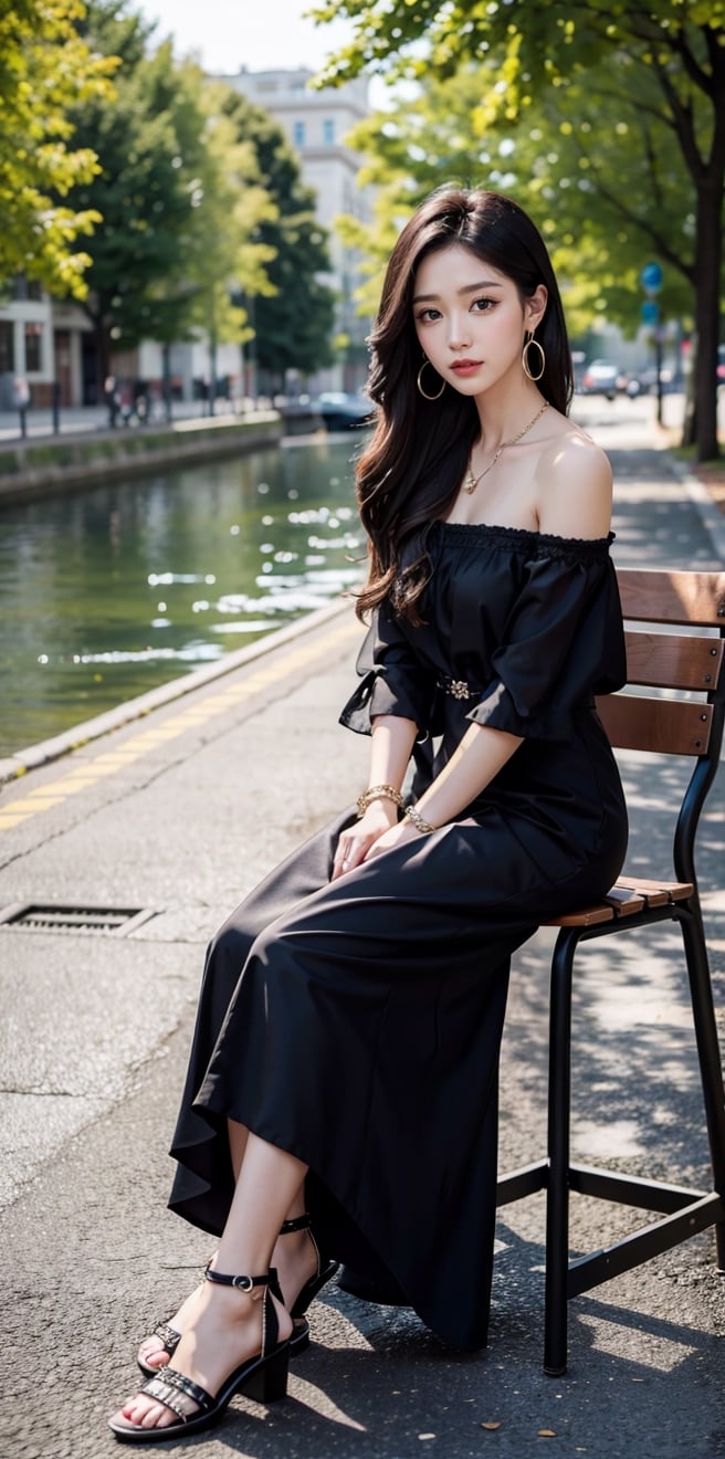 1girl, solo, long hair, looking at viewer, black hair, dress, jewelry, standing, full body, earrings, outdoors, day, black dress, bracelet, river, sandals, sit in chair, hand in pocket, realistic, road, photo background