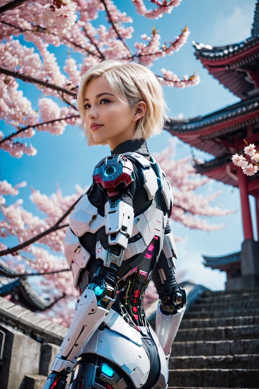 masterpiece, best quality, 1girl, , Beautiful face, delicate eyes, smile, short hair, blonde hair, white hair, tree, stairs, standing, sky, cherry blossoms, temple, looking at viewer, upper body, from below, looking back, ((Mecha)), young girl, Cyberpunk, CyberMechaGirl