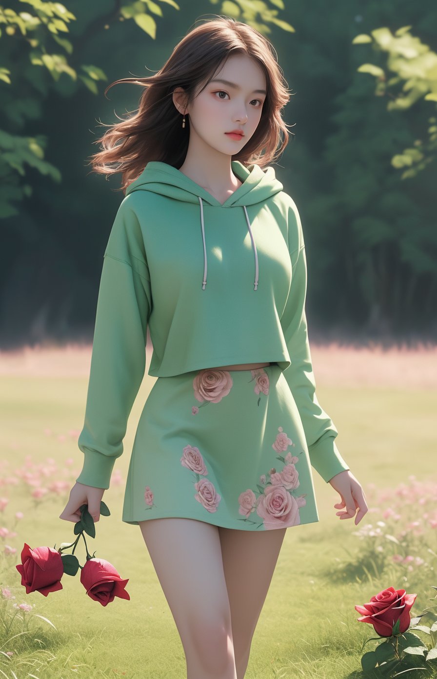 Oil painting, (girl holding a single rose), very delicate and soft lighting, details, Ultra HD, 8k, animated film, soft floral dress, walking through a meadow full of wide green grass,Beautiful girl, topper hoodie, mini skirt 
