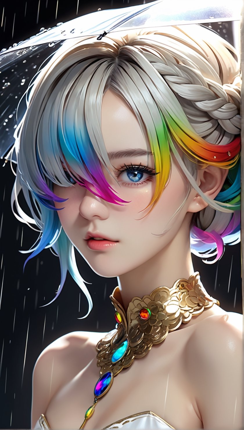 ultra Realistic,1 Girl,((hair over eyes:1.5)), with crazy alternate hairstyle, amazingly intricately hair,colorful color hair, each braid painstakingly created,decorated with delicate accessories and beads, hair dark gold and black in color,aesthetic,Rainbow haired girl ,elegg,beautiful girl, korea face structure, nsfw, hair hire eye, play in the rain.