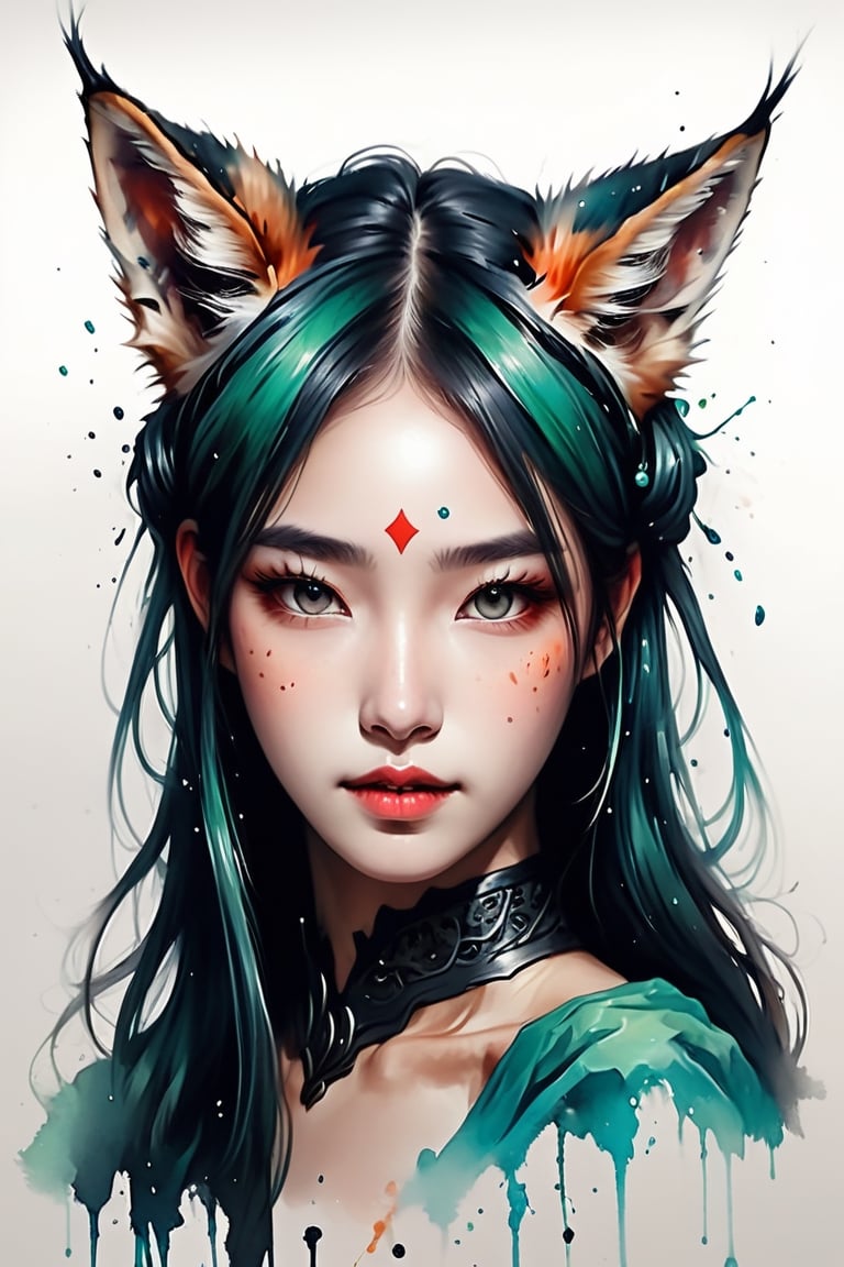 Create a detailed close-up illustration capturing the essence of a fox ears, drawing inspiration from rossdraws, side_ponytail,fantasy artwork, and the aesthetics of a cuboc girl. Frame the artwork with a black panel, emphasizing luminescent elements, and infused with the unique style of Brittney Lee, centered, korea face structure, splash ink, coloring with green, cyber wearing, techwear clothes.

abstact, beautiful girl,asian cute,evil girl,Long Intricate Horns