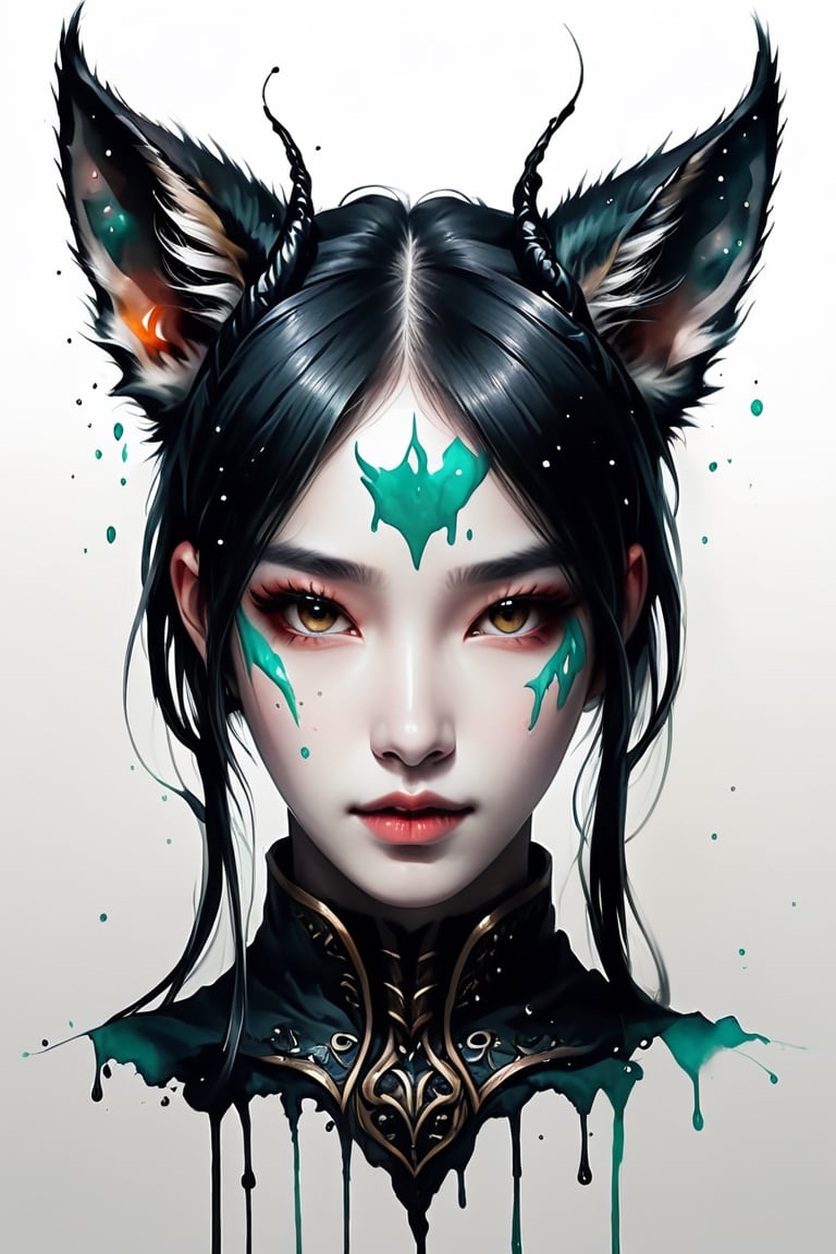 Create a detailed close-up illustration capturing the essence of a fox ears, drawing inspiration from rossdraws, side_ponytail,fantasy artwork, and the aesthetics of a black bushing. Frame the artwork with a black panel, emphasizing luminescent elements, and infused with the unique style of Brittney Lee, centered, korea face structure, splash ink, coloring with green, cyber wearing, techwear clothes.

abstact, beautiful girl,asian cute,evil girl,Long Intricate Horns