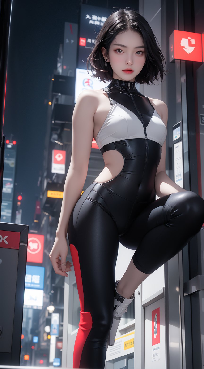 A stunning cyborg beauty stands tall in a futuristic cityscape at dusk. She wears high-tech armor and sports gear, with a flowing bob-like hairstyle resembling Solit's signature style. Her toes are elegantly showcased, adorned by gleaming metallic plates. Beautiful hands and legs are highlighted by a subtle gradient of metal and human skin. Gear-eye implants sparkle on her forehead as she wields a sleek cyber sword at her side. The villainous cyborg's sneaker-clad feet grip the ground firmly, exuding confidence. Randomized body postures create an intriguing sense of dynamism. In the background, a cityscape unfolds with neon-lit skyscrapers and holographic advertisements. High-detail rendering in 8K resolution captures every subtle texture and nuance of this futuristic beauty.