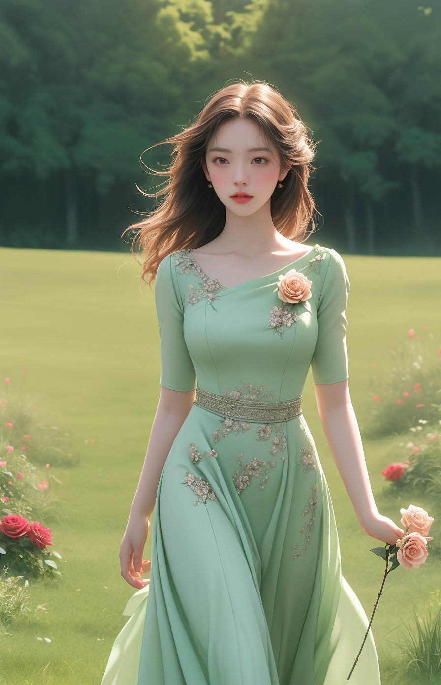Oil painting, (girl holding a single rose), very delicate and soft lighting, details, Ultra HD, 8k, animated film, soft floral dress, walking through a meadow full of wide green grass,Beautiful girl, less dress, more flower ,deep_throat