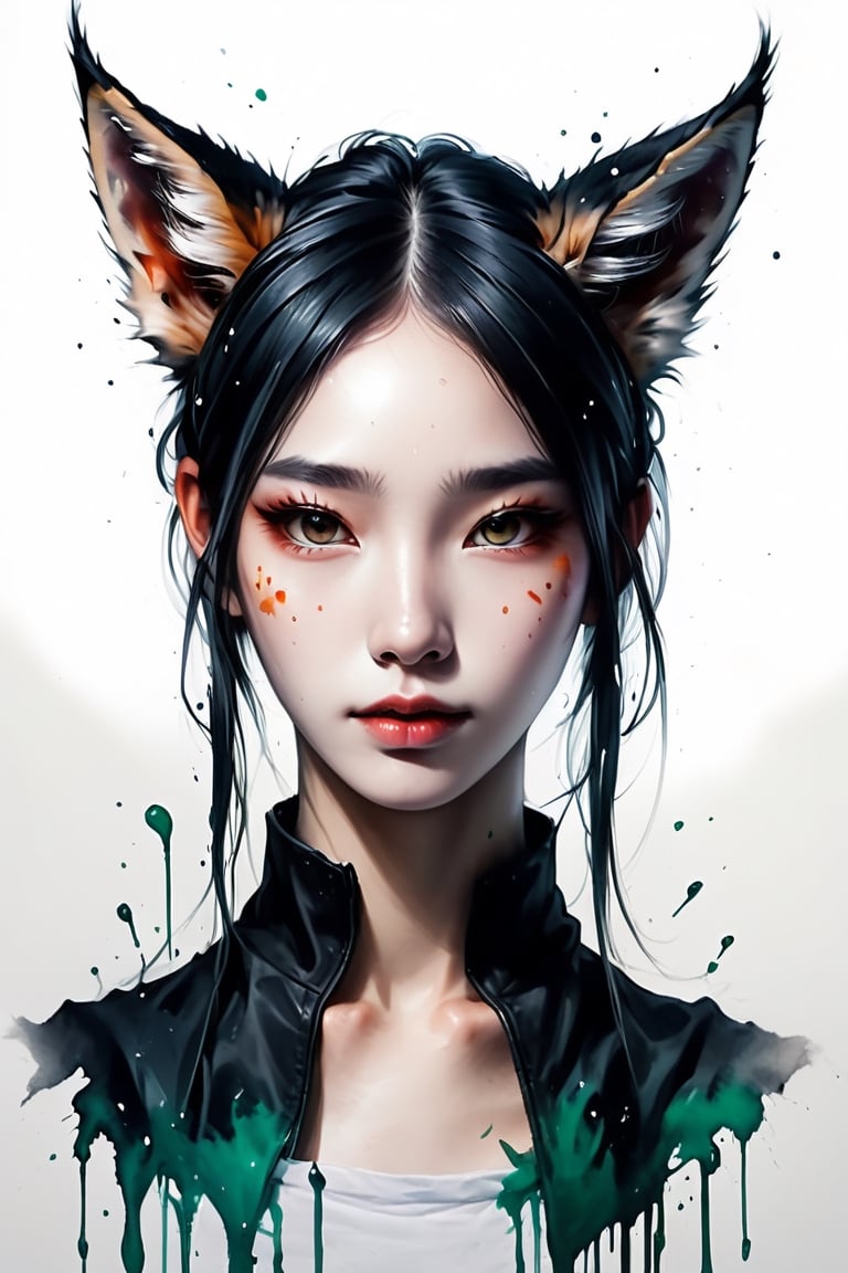 Create a detailed close-up illustration capturing the essence of a fox ears, drawing inspiration from rossdraws, side_ponytail,fantasy artwork, and the aesthetics of a black bushing. Frame the artwork with a black panel, emphasizing luminescent elements, and infused with the unique style of Brittney Lee, centered, korea face structure, splash ink, coloring with green, cyber wearing, techwear clothes.

abstact, beautiful girl,asian cute,evil girl,Long Intricate Horns