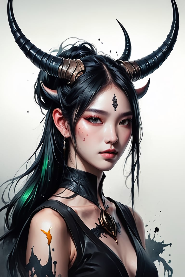 Create a detailed close-up illustration capturing the essence of a buffolo horns, drawing inspiration from rossdraws, side_ponytail,fantasy artwork, and the aesthetics of a black horns. Frame the artwork with a black panel, emphasizing luminescent elements, and infused with the unique style of Brittney Lee, centered, korea face structure, splash ink, coloring with green, cyber wearing, techwear clothes.

abstact, beautiful girl,asian cute,evil girl,Long Intricate Horns